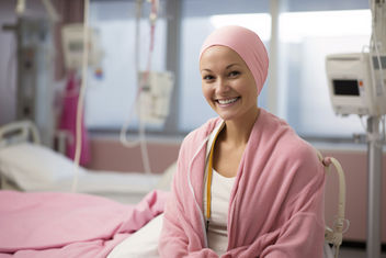 Paciente joven con cáncer sonriendo después de la quimioterapia