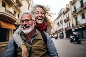 Happy older couple laughing in street