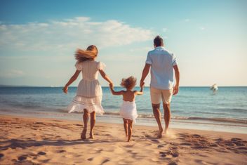 Madre y padre con hija corriendo en la playa.