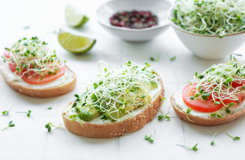 A healthy display of a sandwiches made up of tomatoes and avacado