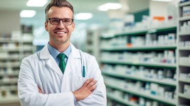 A male pharmacist wearing glasses and standing in front of the pharmacy shelves