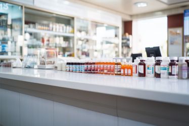 A pharmacy counter, well stocked with medicines