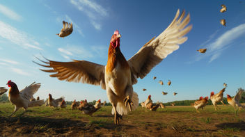 Poultry flying over open farmland