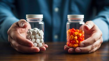 Two clear bottles with different colored pills