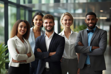 A group of five smiling, multiethnic business team in office