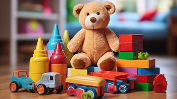 Grupo de juguetes para niños que incluyen un osito de peluche, bloques y autos.