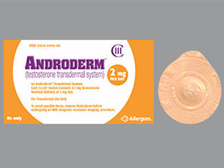 Esto es un Parche Transdérmico 24 Horas imprimido con ANDRODERM and logo and 2MG/DAY en la parte delantera, nada en la parte posterior, y es fabricado por None.