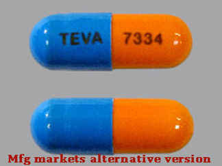 This is a Capsule imprinted with TEVA on the front, 7334 on the back.