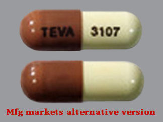 This is a Capsule imprinted with TEVA on the front, 3107 on the back.