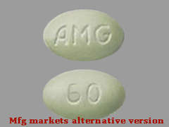 This is a light green oval Tablet imprinted with AMG on the front, 60 on the back, and is manufactured by AMGEN.