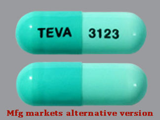 This is a Capsule imprinted with TEVA on the front, 3123 on the back.