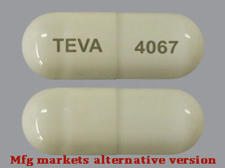 This is a Capsule imprinted with TEVA on the front, 4067 on the back.