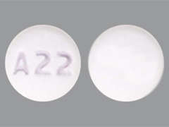 This is a off-white round Tablet imprinted with A22 on the front, nothing on the back, and is manufactured by ASCEND LABORATO.