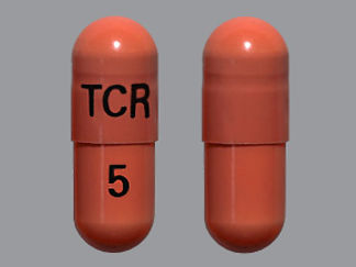 This is a Capsule imprinted with TCR on the front, 5 on the back.