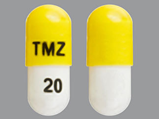 This is a Capsule imprinted with TMZ on the front, 20 on the back.