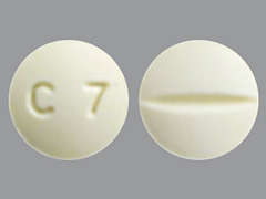 This is a cream round Tablet imprinted with C 7 on the front, nothing on the back, and is manufactured by ACCORD HEALTHCA.