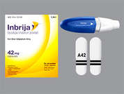 Inbrija: This is a white oblong Capsule With Inhalation Device imprinted with A42 on the front, nothing on the back, and is manufactured by ACORDA/MERZ.