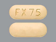Esto es un Tableta maraillo pálido oblongo imprimido con FX 75 en la parte delantera, nada en la parte posterior, y es fabricado por ALLERGAN INC..