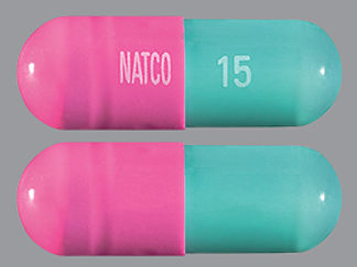 This is a Capsule Dr imprinted with NATCO on the front, 15 on the back.