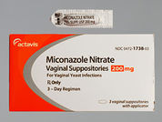 Miconazole 3: Esto es un Supositorio Vaginal imprimido con nada en la parte delantera, nada en la parte posterior, y es fabricado por None.