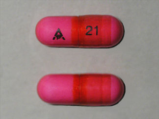 This is a Capsule imprinted with AP on the front, 21 on the back.