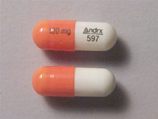 This is a Capsule Er 24 Hr imprinted with 120 mg on the front, Andrx  597 on the back.