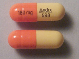 This is a Capsule Er 24 Hr imprinted with 180 mg on the front, Andrx  598 on the back.