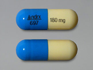 This is a Capsule Er 24hr imprinted with Andrx  697 on the front, 180 mg on the back.
