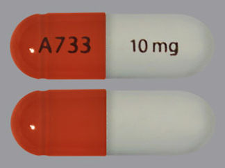This is a Capsule imprinted with A733 on the front, 10 mg on the back.