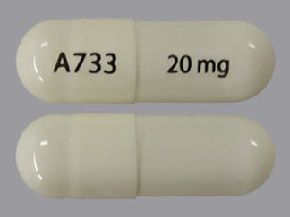 This is a Capsule imprinted with A733 on the front, 20 mg on the back.