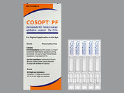 Cosopt Pf: This is a Dropperette Single-use Drop Dispenser imprinted with nothing on the front, nothing on the back.