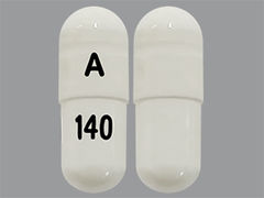 This is a white oblong Capsule imprinted with A on the front, 140 on the back, and is manufactured by ALEMBIC PHARMAC.