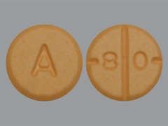 This is a orange round Tablet imprinted with A on the front, 8 0 on the back, and is manufactured by ALVOGEN INC.