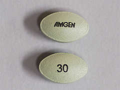 This is a light green oval Tablet imprinted with AMGEN on the front, 30 on the back, and is manufactured by AMGEN.