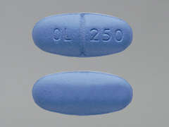 This is a blue oblong Tablet imprinted with OL 250 on the front, nothing on the back, and is manufactured by LAURUS LABS LIM.