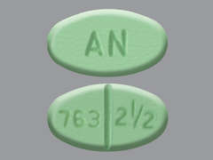 This is a green oval Tablet imprinted with AN on the front, 763 2 1/2 on the back, and is manufactured by AMNEAL PHARMACE.