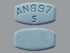 This is a blue rectangular Tablet imprinted with AN897  5 on the front, nothing on the back, and is manufactured by MAJOR PHARMACEU.