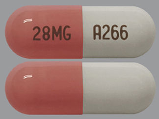 This is a Capsule Sprinkle Er 24 Hr imprinted with 28MG on the front, A266 on the back.