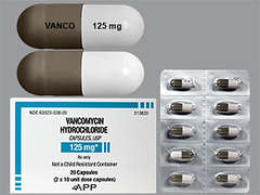 This is a light gray oblong Capsule imprinted with VANCO on the front, 125 mg on the back, and is manufactured by APP/FRESENIUS K.