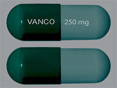 This is a turquoise oblong Capsule imprinted with VANCO on the front, 250 mg on the back, and is manufactured by APP/FRESENIUS K.