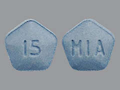 This is a light blue pentagon Tablet imprinted with 15 on the front, MIA on the back, and is manufactured by WILSHIRE PHARMA.