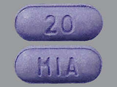 This is a purple oblong Tablet imprinted with 20 on the front, MIA on the back, and is manufactured by WILSHIRE PHARMA.