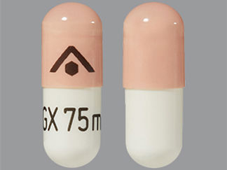 This is a Capsule imprinted with logo on the front, LGX 75mg on the back.