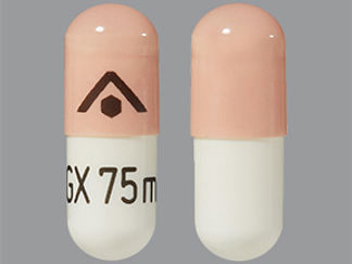 Esto es un Cápsula imprimido con logo en la parte delantera, LGX 75mg en la parte posterior, y es fabricado por None.