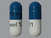 Temazepam: This is a Capsule imprinted with 15 mg on the front, Novel 121 on the back.