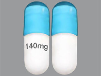 Esto es un Cápsula imprimido con 140mg en la parte delantera, nada en la parte posterior, y es fabricado por None.