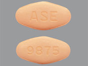Ledipasvir-Sofosbuvir: Esto es un Tableta imprimido con ASE en la parte delantera, 9875 en la parte posterior, y es fabricado por None.