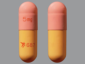 This is a Capsule Er 24 Hr imprinted with 5 mg on the front, logo 687 on the back.