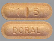 Quazepam: Esto es un Tableta imprimido con 1 5 en la parte delantera, DORAL en la parte posterior, y es fabricado por None.