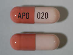 This is a pink oblong Capsule Dr imprinted with APO on the front, 020 on the back, and is manufactured by APOTEX CORP.